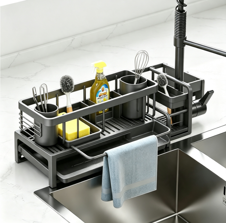 Porte‑accessoires d’évier Modulaire avec bac de vidange | Rangement éponge, brosse et torchon pour cuisine
