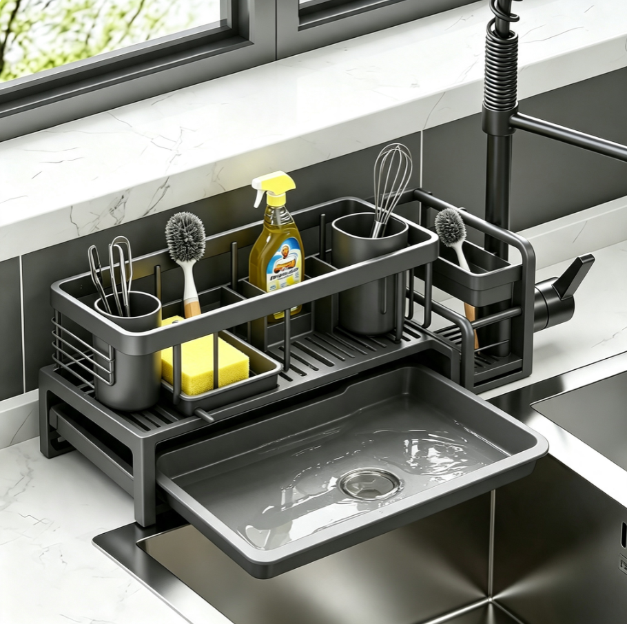 Porte‑accessoires d’évier Modulaire avec bac de vidange | Rangement éponge, brosse et torchon pour cuisine