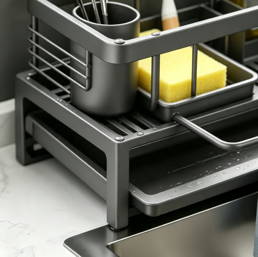Porte‑accessoires d’évier Modulaire avec bac de vidange | Rangement éponge, brosse et torchon pour cuisine